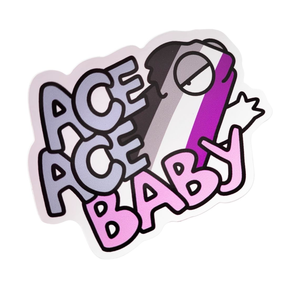 Sticker with 'Ace Ace Baby' text and asexual chameleon graphic on a white background