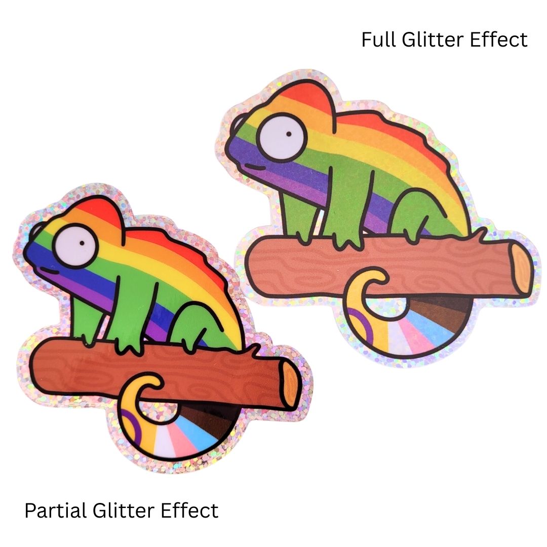 Two rainbow-coloured chameleon stickers with different glitter effects on a white background.