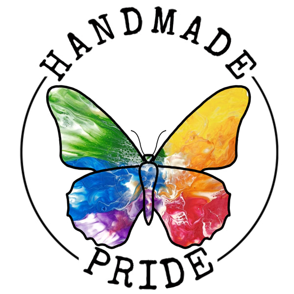 A rainbow butterfly logo with "Handmade Pride" written around it