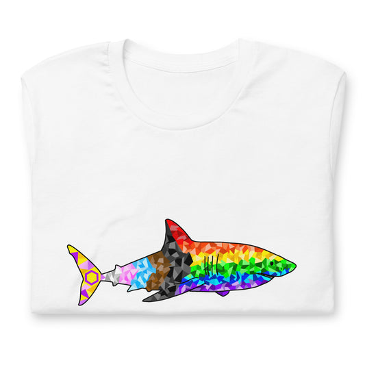 White t-shirt with a geometric progress pride flag design in the shape of a shark