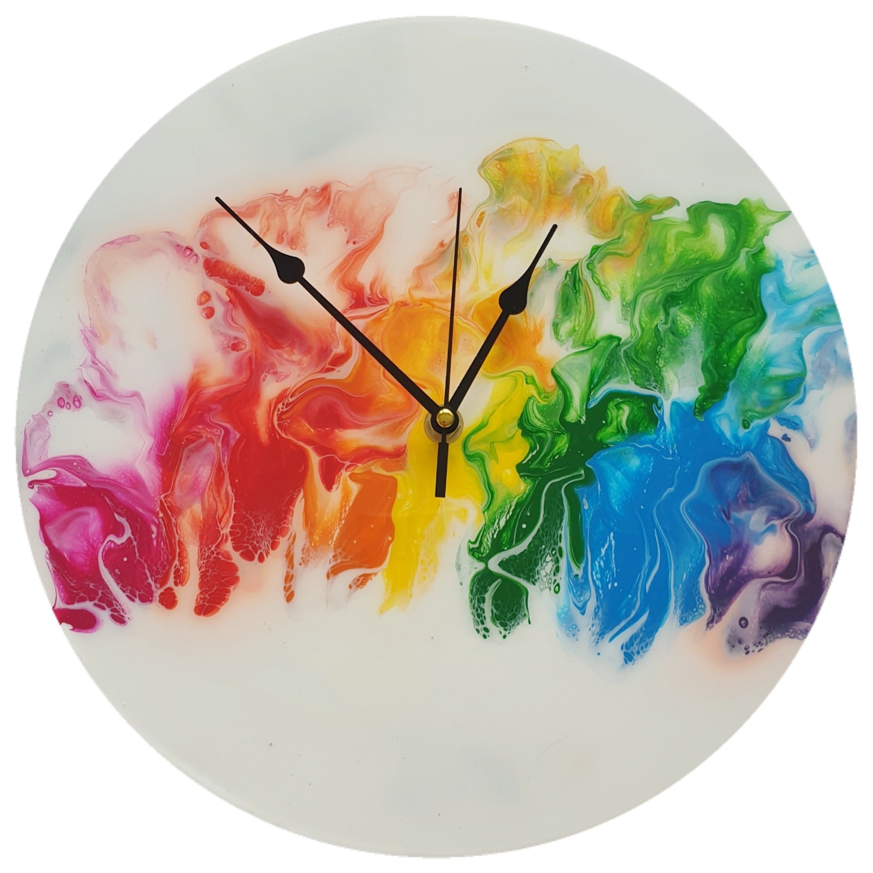 A round clock that features rainbow colours and black hands