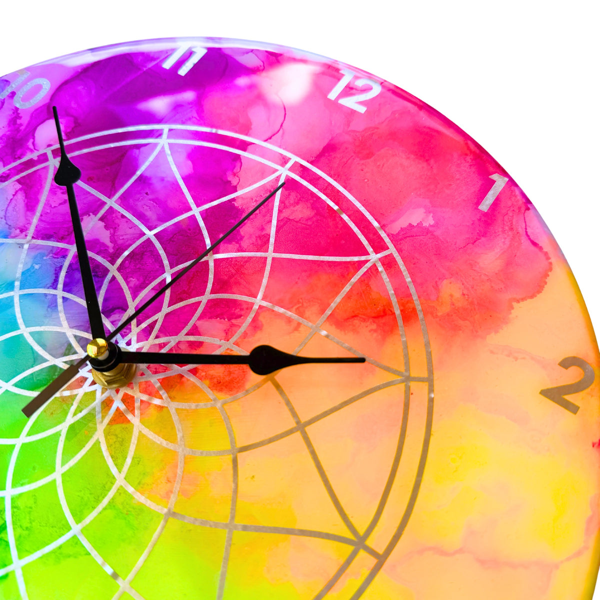 A neon coloured clock with silver detail and black hands