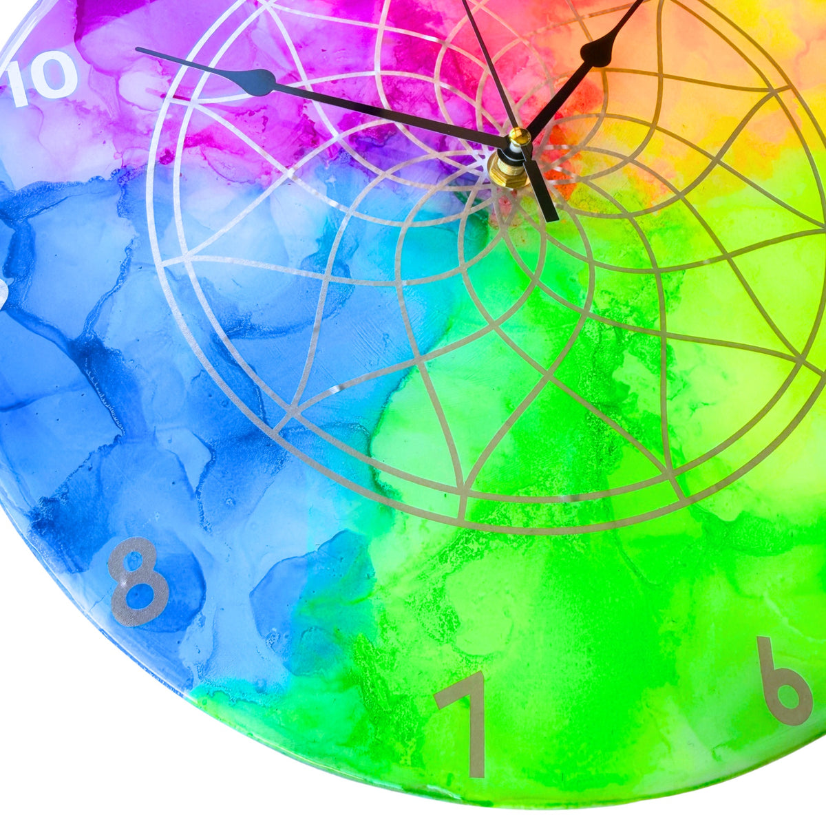 A neon coloured clock with silver detail and black hands