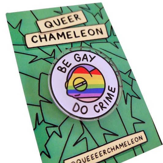 Chameleon Pin with rainbow design and text on a green background