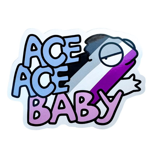 Sticker with 'ACE ACE BABY' text and a chameleon face on a white background