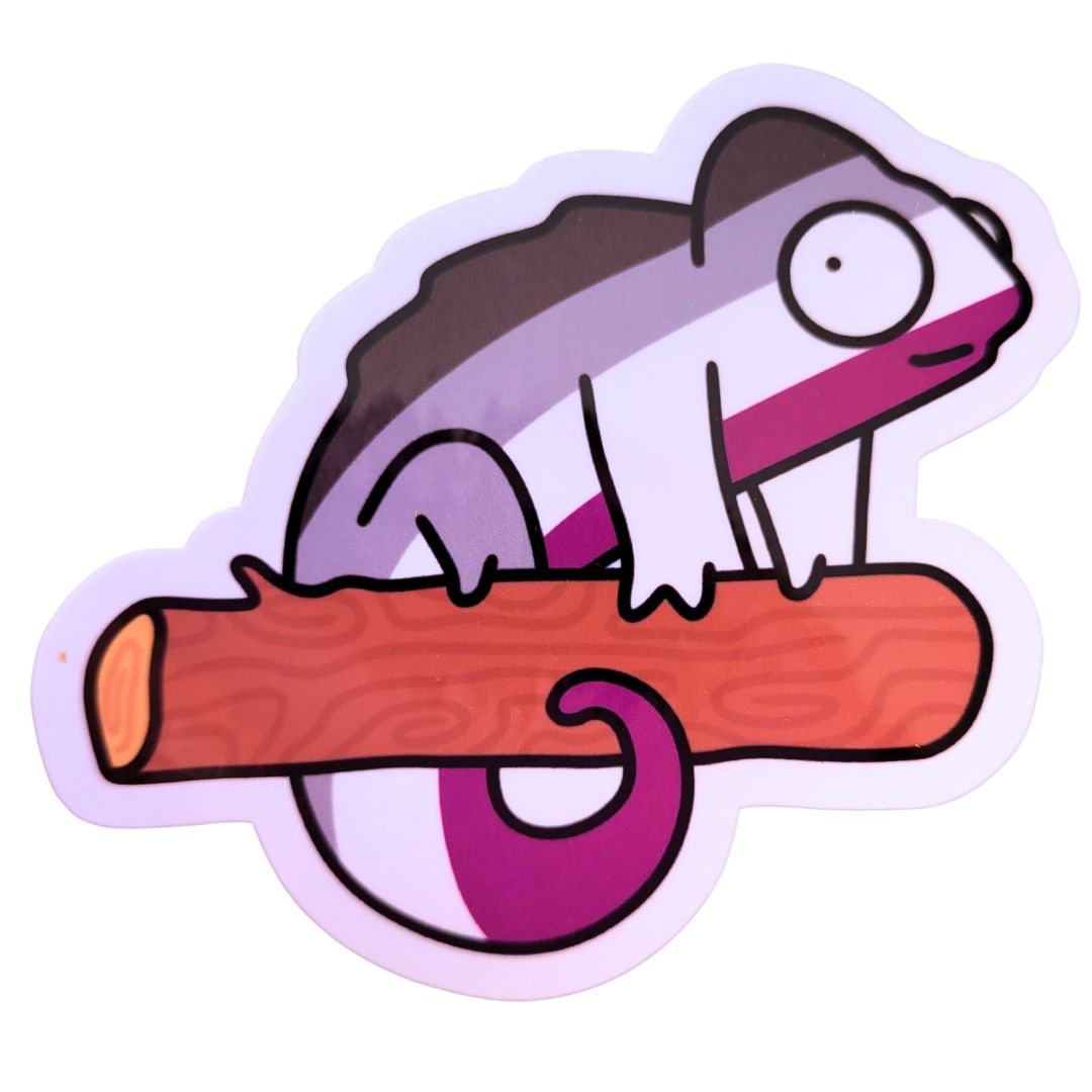 Cartoon chameleon on a branch with a white background