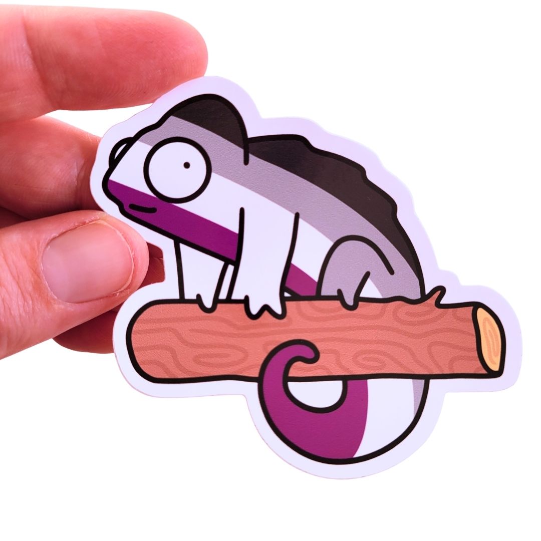 Sticker of a chameleon on a branch held by a hand against a white background