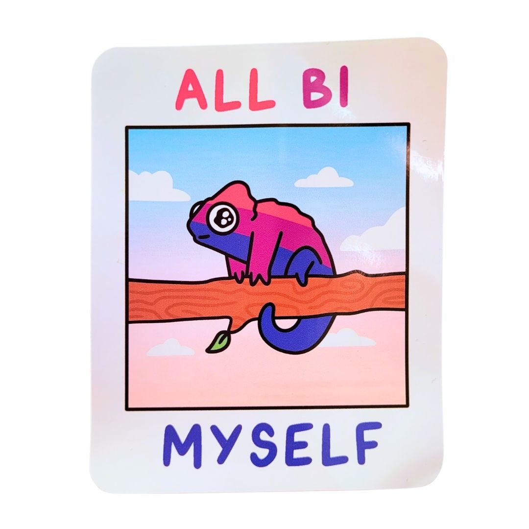 Colourful chameleon on a branch with 'ALL BI MYSELF' text on a white background