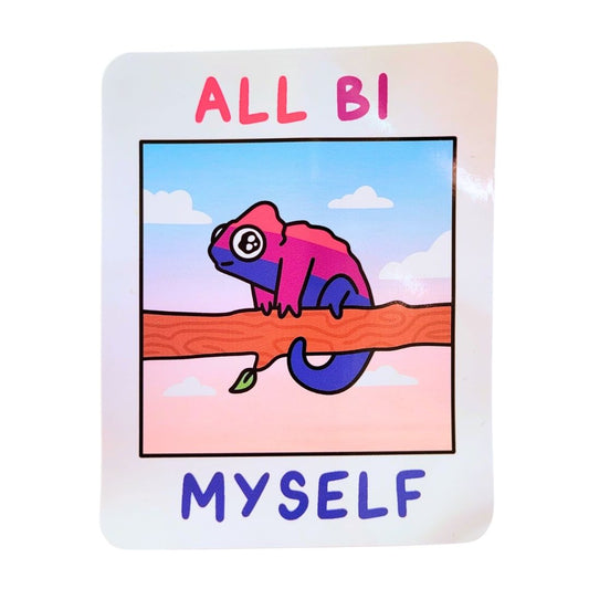 Colourful chameleon on a branch with 'ALL BI MYSELF' text on a white background