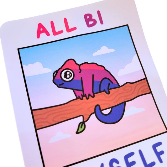 Colourful illustration of a chameleon on a branch with 'ALL BI' text above and 'MYSELF' text below.