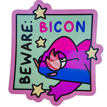 Colourful sticker with a cartoon character and 'Beware: Bicon' text on a green background