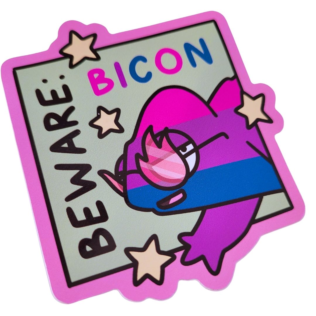 Sticker with a cartoon character and 'Beware: Bicon' text on a white background