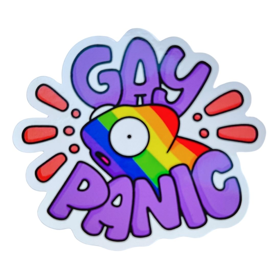 Sticker with 'Gay Panic' text and rainbow design on a white background
