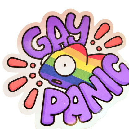 Sticker with 'GAY PANIC' text and rainbow chameleon on a white background