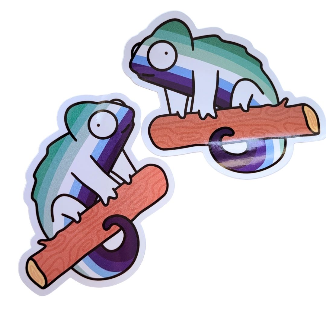 Two colorful gay flag chameleon stickers on a white background
