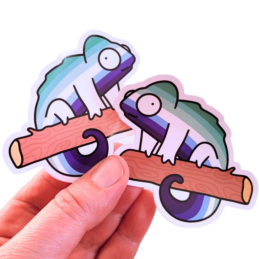 Two gay flag coloured stickers of a chameleon on a branch held by a hand against a white background.