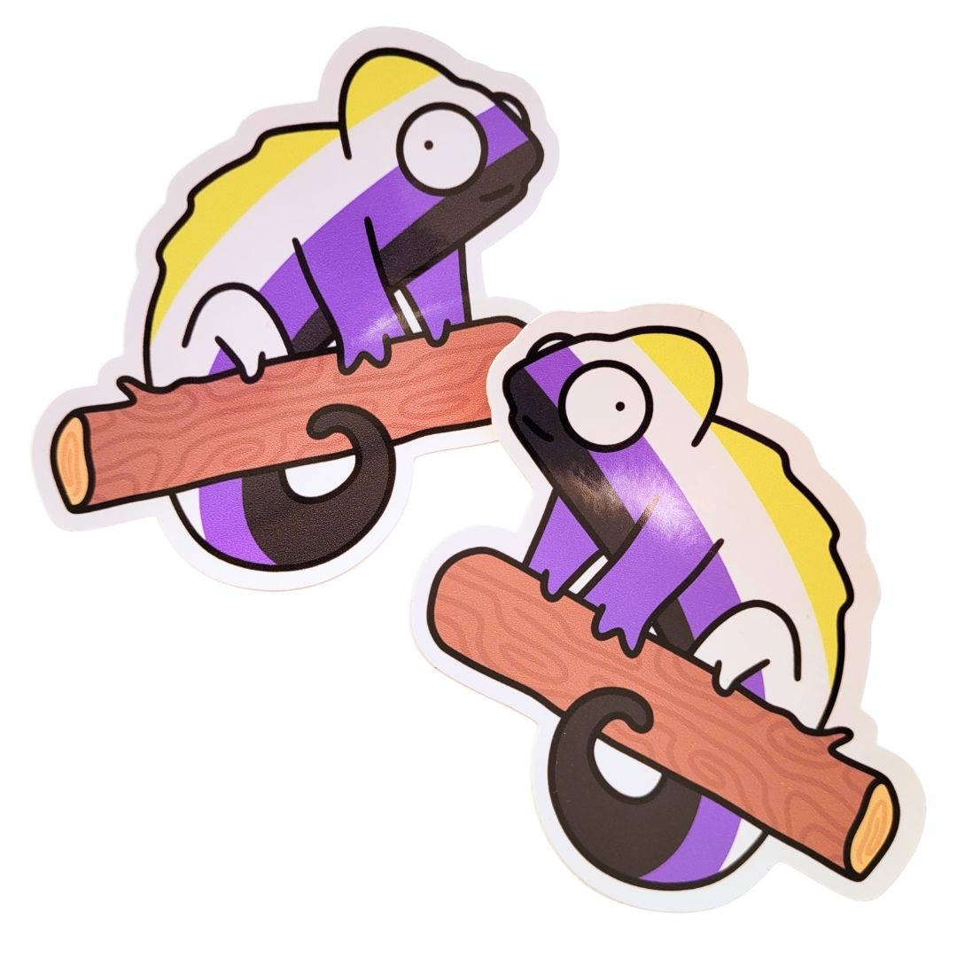 Two stickers of a non-binary chameleon on a white background