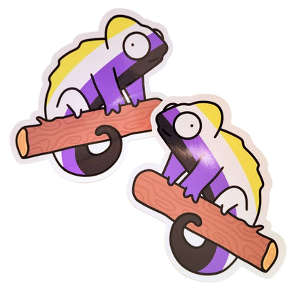 Two stickers of a non-binary chameleon on a white background