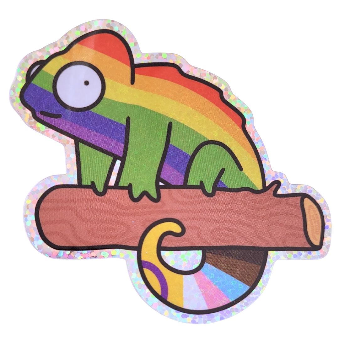 Colorful chameleon sticker with rainbow pattern on a white background