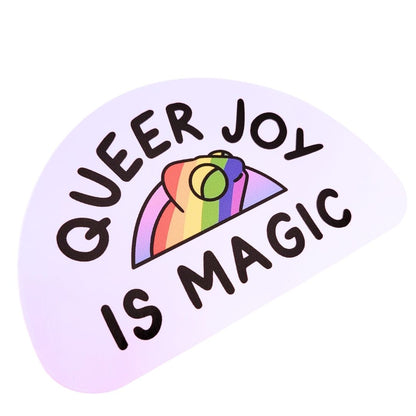 Sticker with rainbow design and text 'QUEER JOY IS MAGIC' and a rainbow chameleon