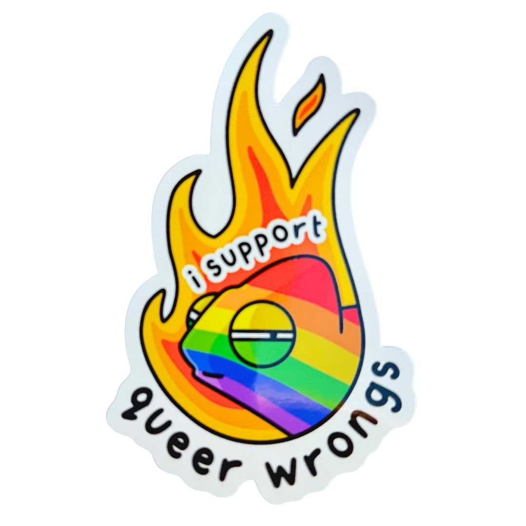 Sticker with rainbow chameleon and text 'i support queer wrongs' on a white background