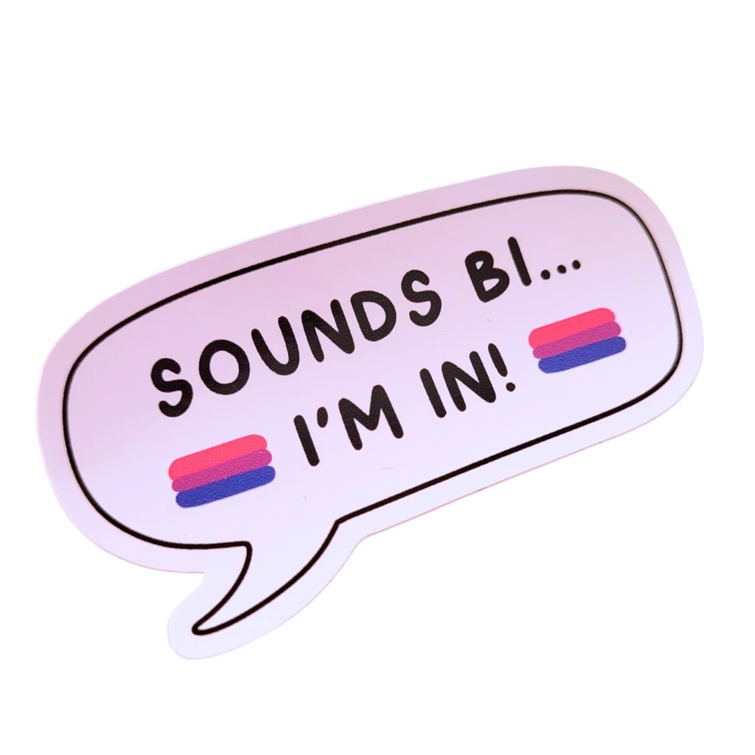 Sticker with a speech bubble containing text and bisexual pride flags on a white background