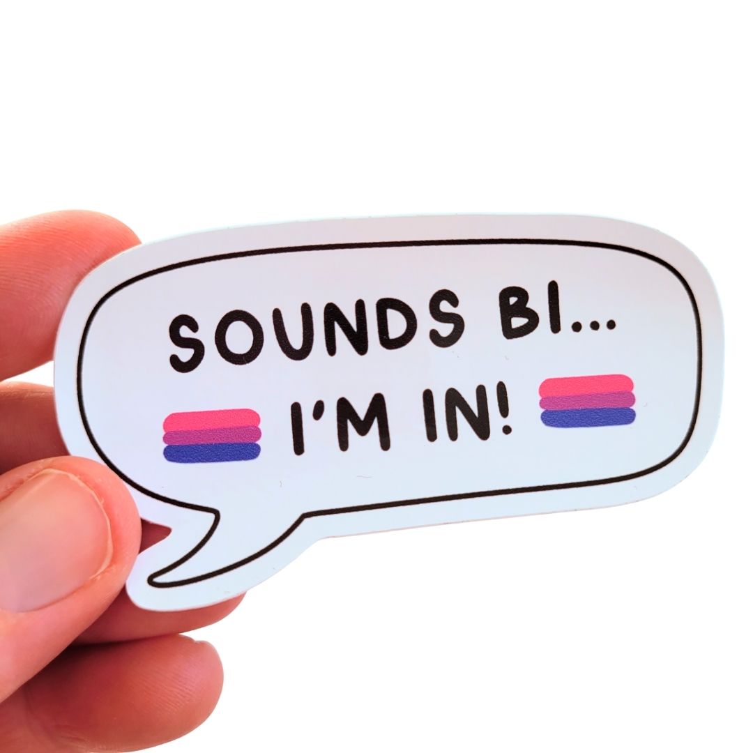 Sticker with text 'SOUNDS BI... I'M IN!' held by a hand on a white background