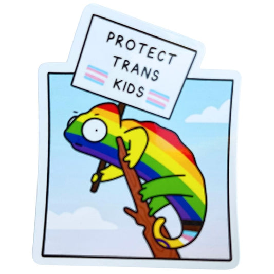 Cartoon rainbow chameleon holding a sign that says 'Protect Trans Kids' against a blue sky background.