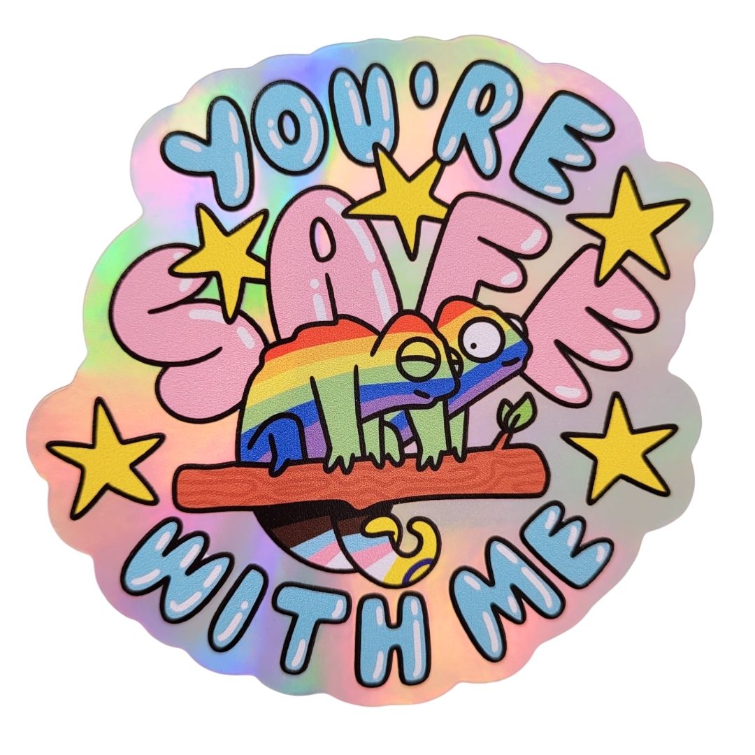 Sticker with a rainbow chameleon, stars, and text 'You're safe with me' on a colourful gradient background.