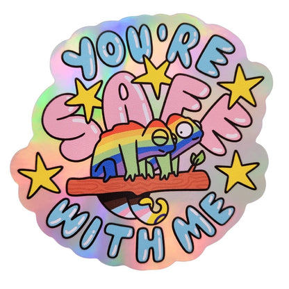 Sticker with a rainbow chameleon, stars, and text 'You're safe with me' on a colourful gradient background.