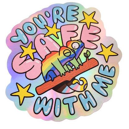 Holographic sticker with colourful text and rainbow design on a white background