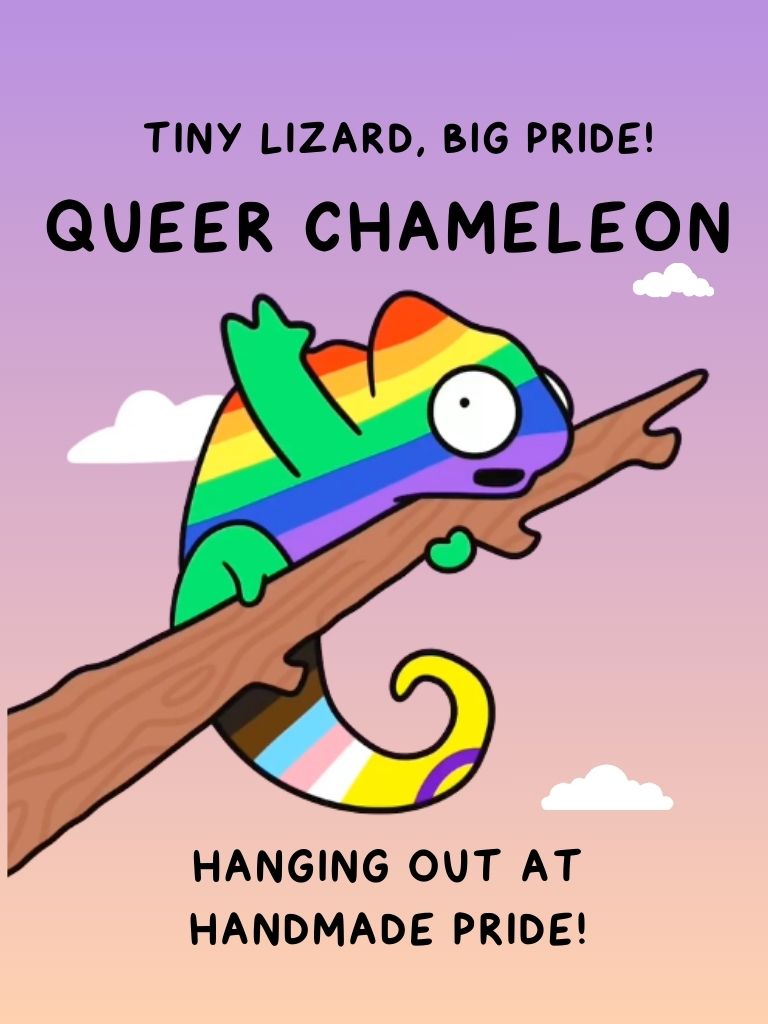 Cartoon chameleon with rainbow colors on a branch against a purple and pink gradient background with clouds.